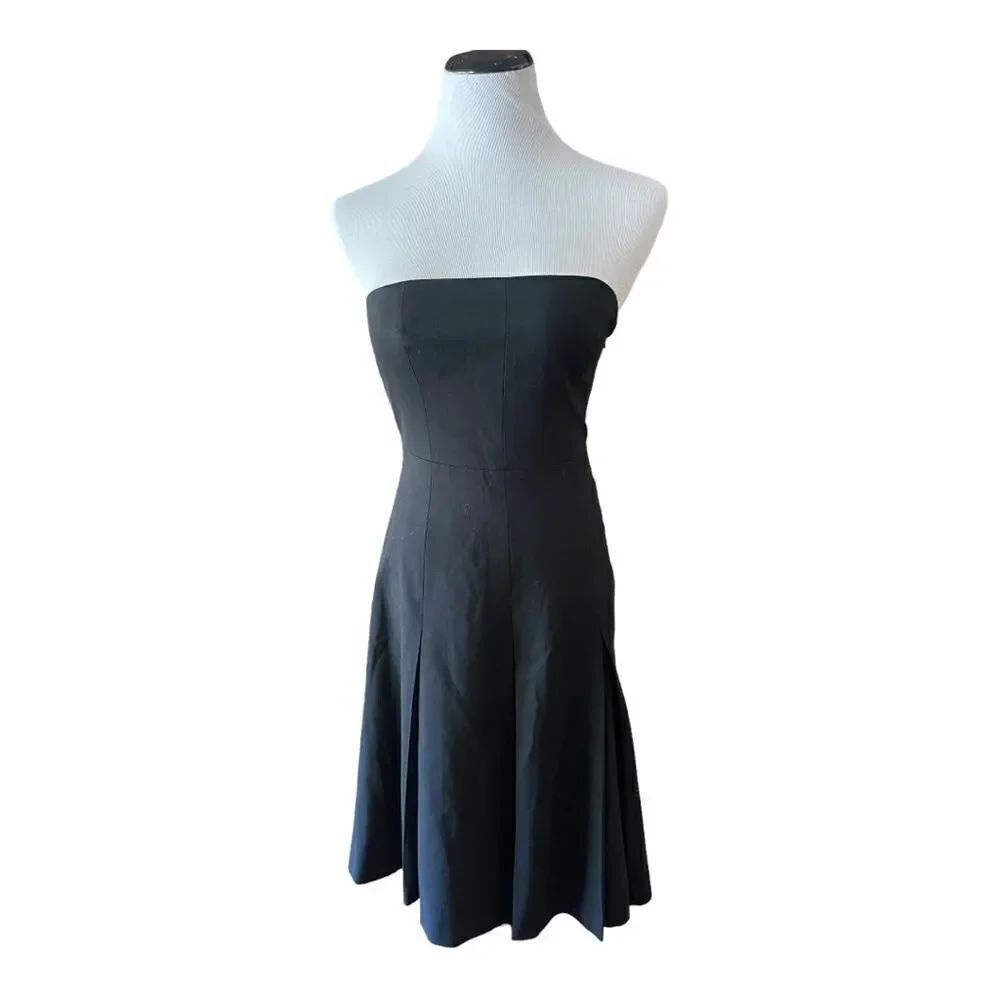 Theory Strapless Black Dress Womens Size 6 Wool Pleated Fit Flare Cocktail